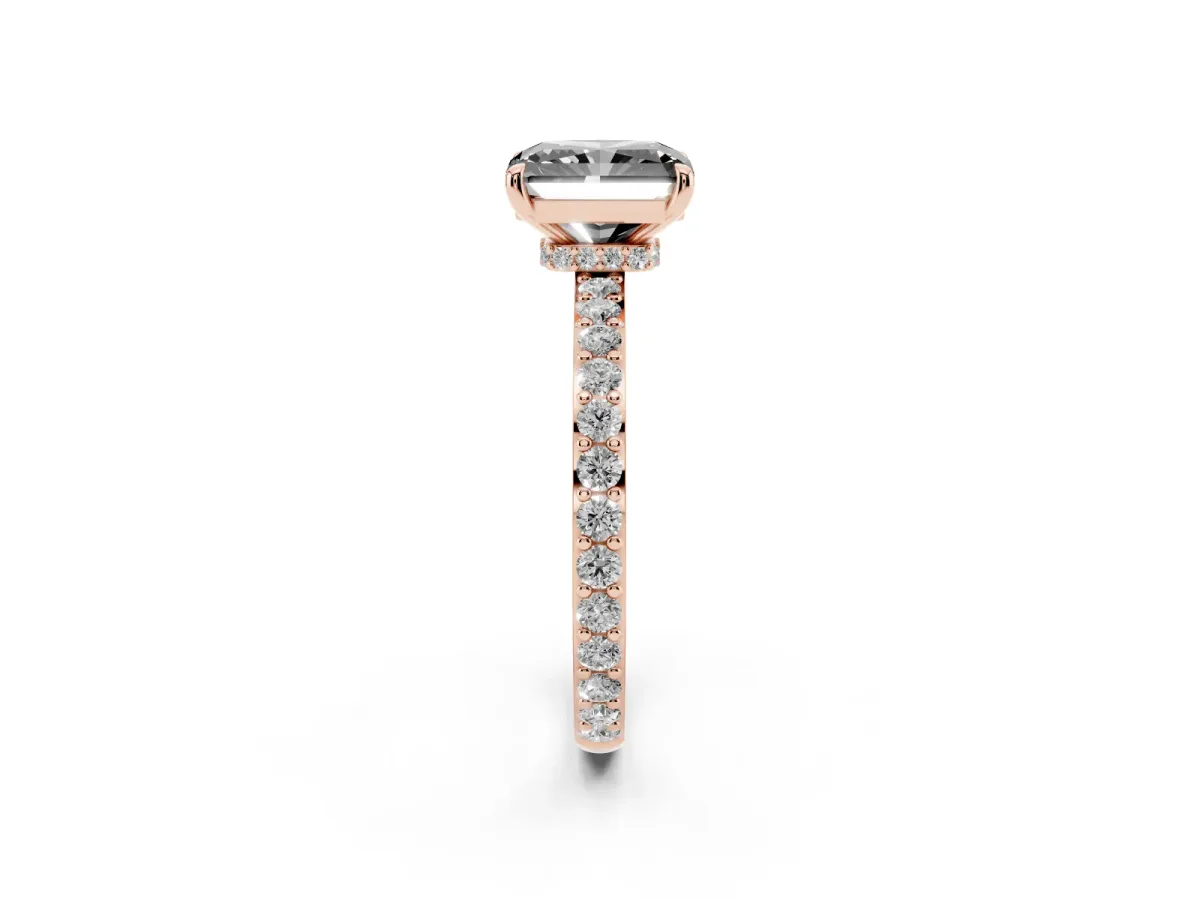 Fancy Black Radiant Cut Diamond Pavé Engagement Ring with Round Accents and Prong Setting Rose gold