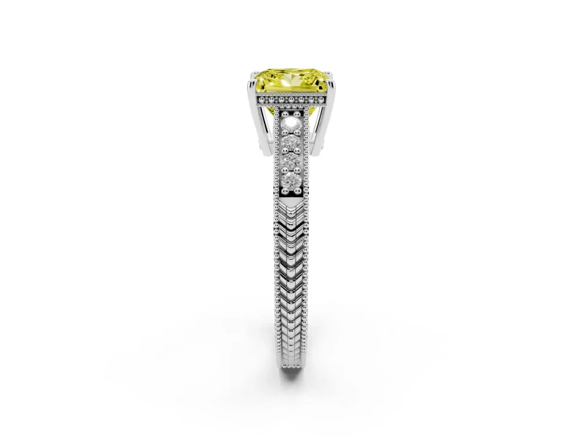 Fancy Yellow Princess Cut Solitaire Pavé Diamond Milgrain Engagement Ring with Four-Prong Setting Silver