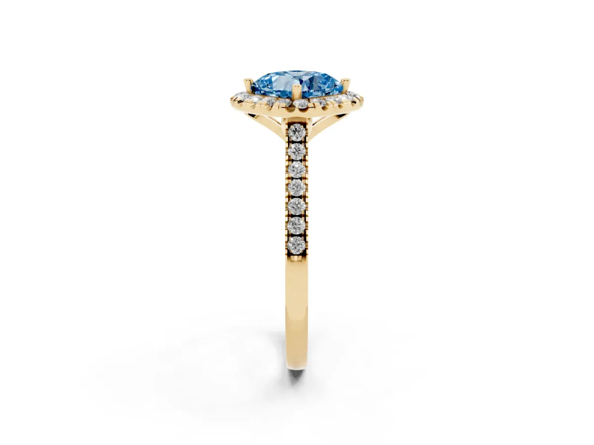 Fancy Blue Cushion Cut Diamond Cushion Halo Ring with Pavé Band Yellow gold