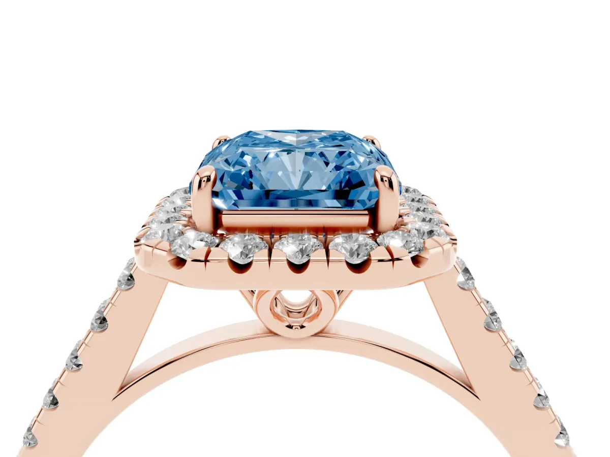 Fancy Blue Radiant Cut Halo Pavé Diamond Engagement Ring with Four-Prong Setting Rose gold