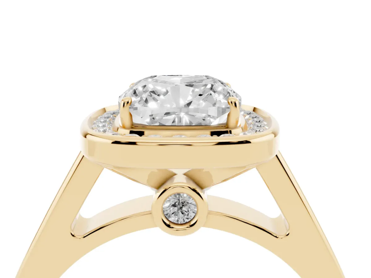 Cushion Cut Halo Solitaire Diamond Ring with Pave Band and Bezel Setting Yellow gold