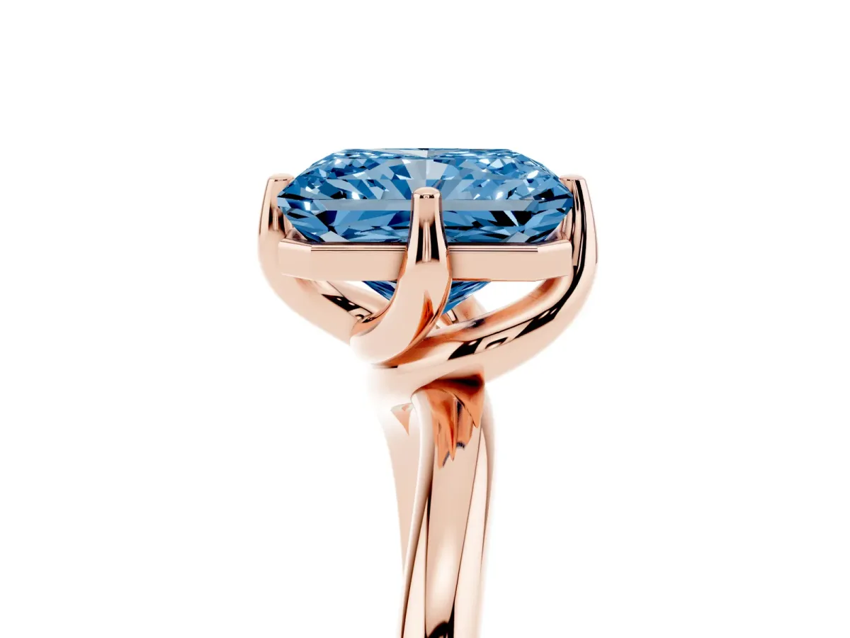 Fancy Blue Radiant Cut Diamond Solitaire Engagement Ring with Four-Prong Setting and Classic Band Rose gold