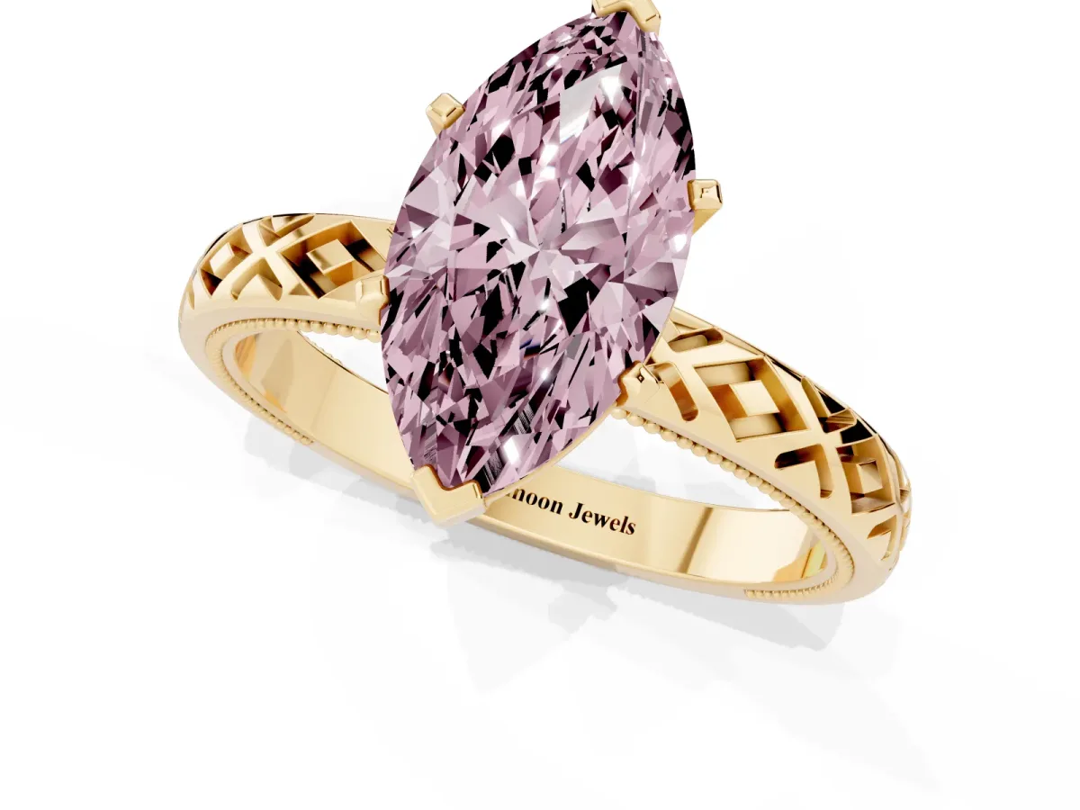 Fancy Pink Marquise Cut Solitaire Diamond Ring with Milgrain and Black Enamel X Pattern Band Yellow gold