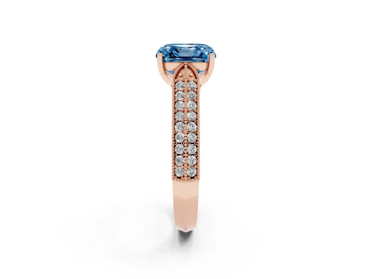 Fancy Blue Asscher Cut Cut Pave Split Shank Engagement Ring with Four-Prong Setting Rose gold
