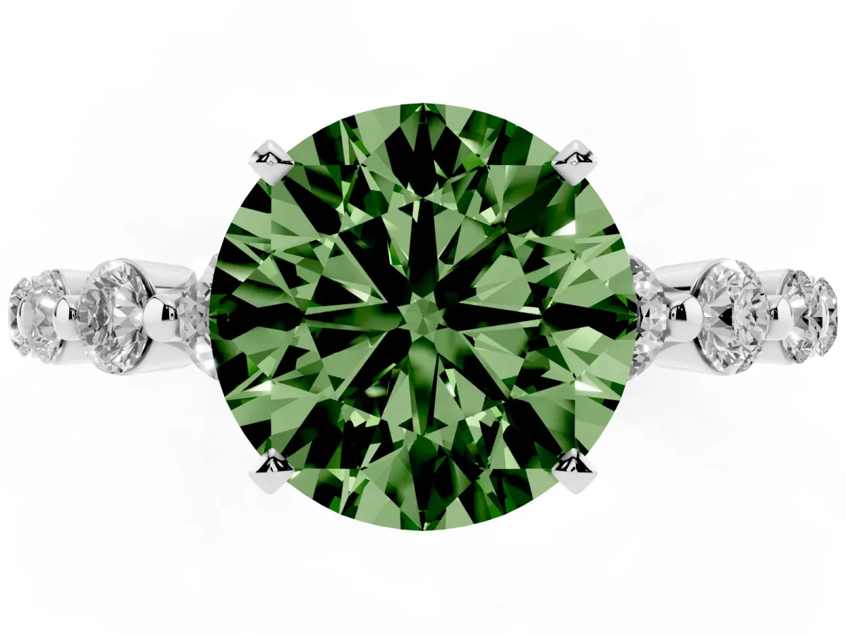 Fancy Green Round Cut Solitaire Diamond Ring with Pave Band and Four-Prong Setting Silver