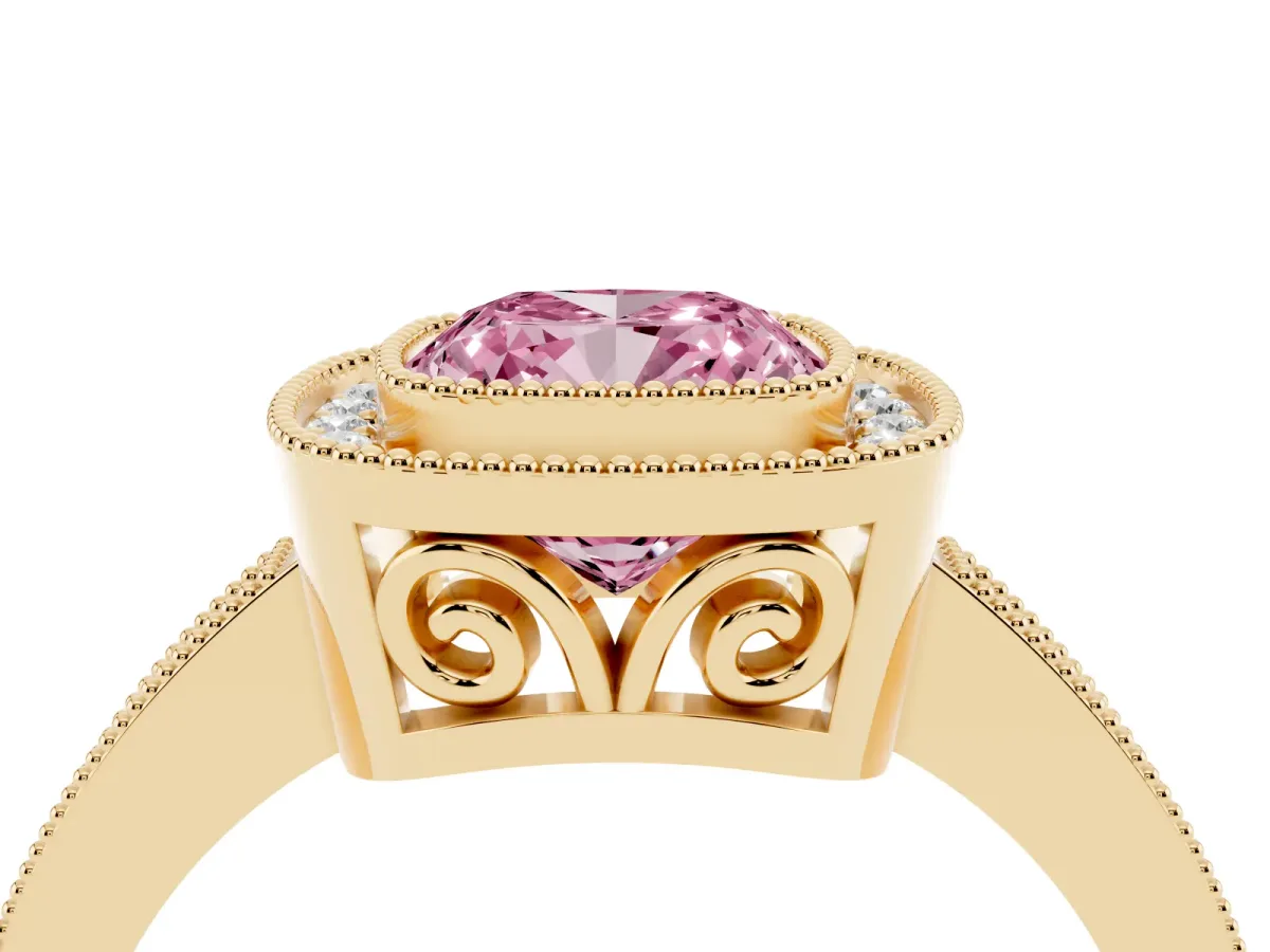 Fancy Pink Cushion Cut Cut Halo Diamond Ring with Pavé Band and Milgrain Prong Setting Yellow gold
