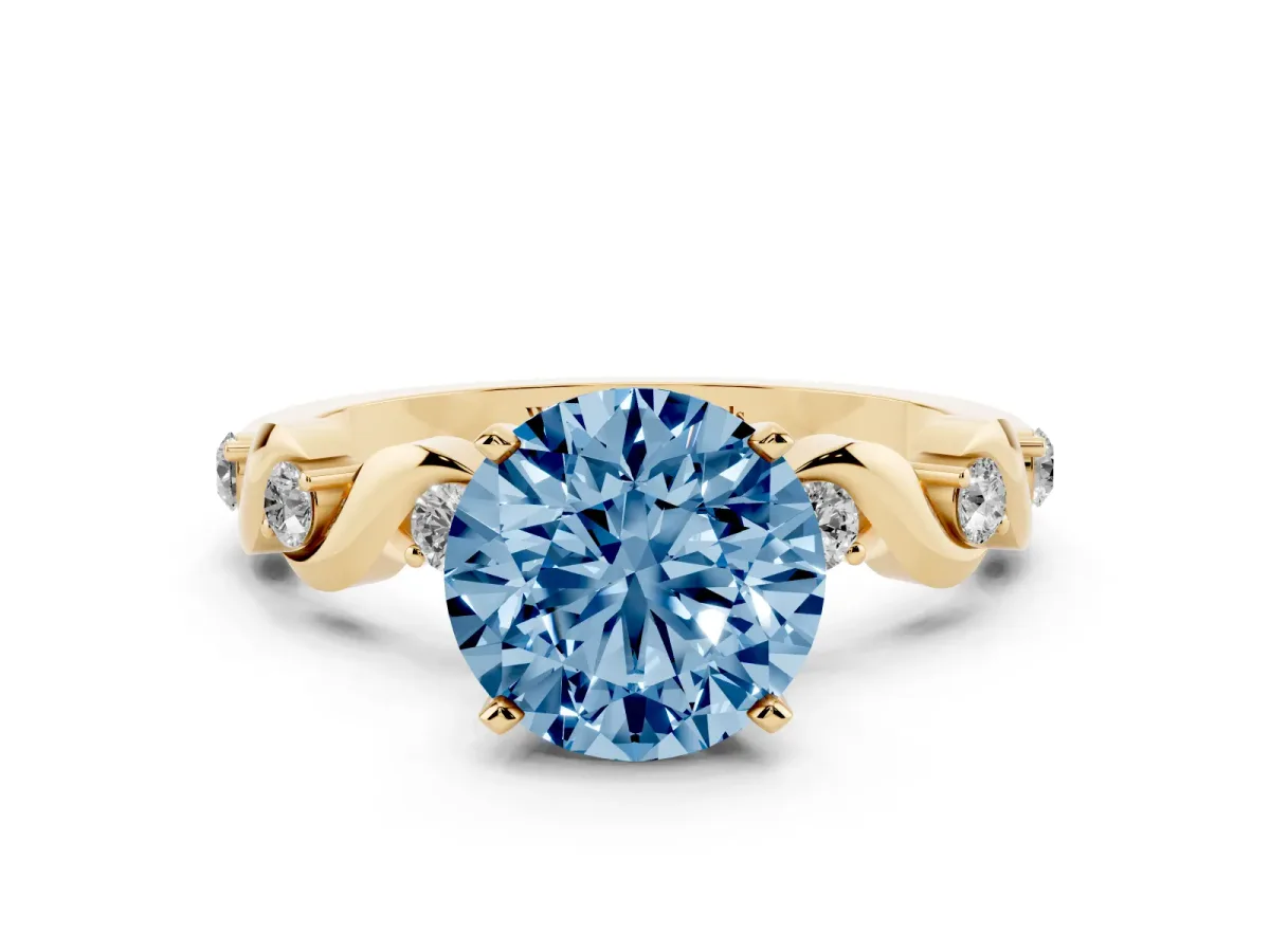 Fancy Blue Round Cut Diamond Solitaire Twisted Band with Round Accents and Prong Setting Yellow gold