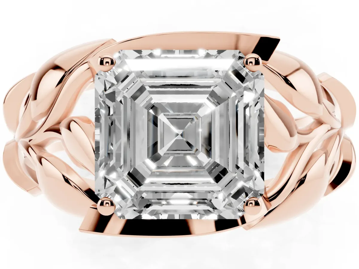 Asscher Cut Diamond Leaf-Inspired Engagement Ring with Round Accents and Prong Setting Rose gold