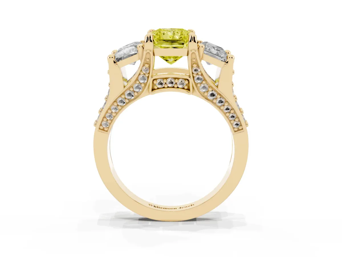 Fancy Yellow Radiant Cut Diamond Three-Stone Ring with Channel Set Band and Four-Prong Setting Yellow gold