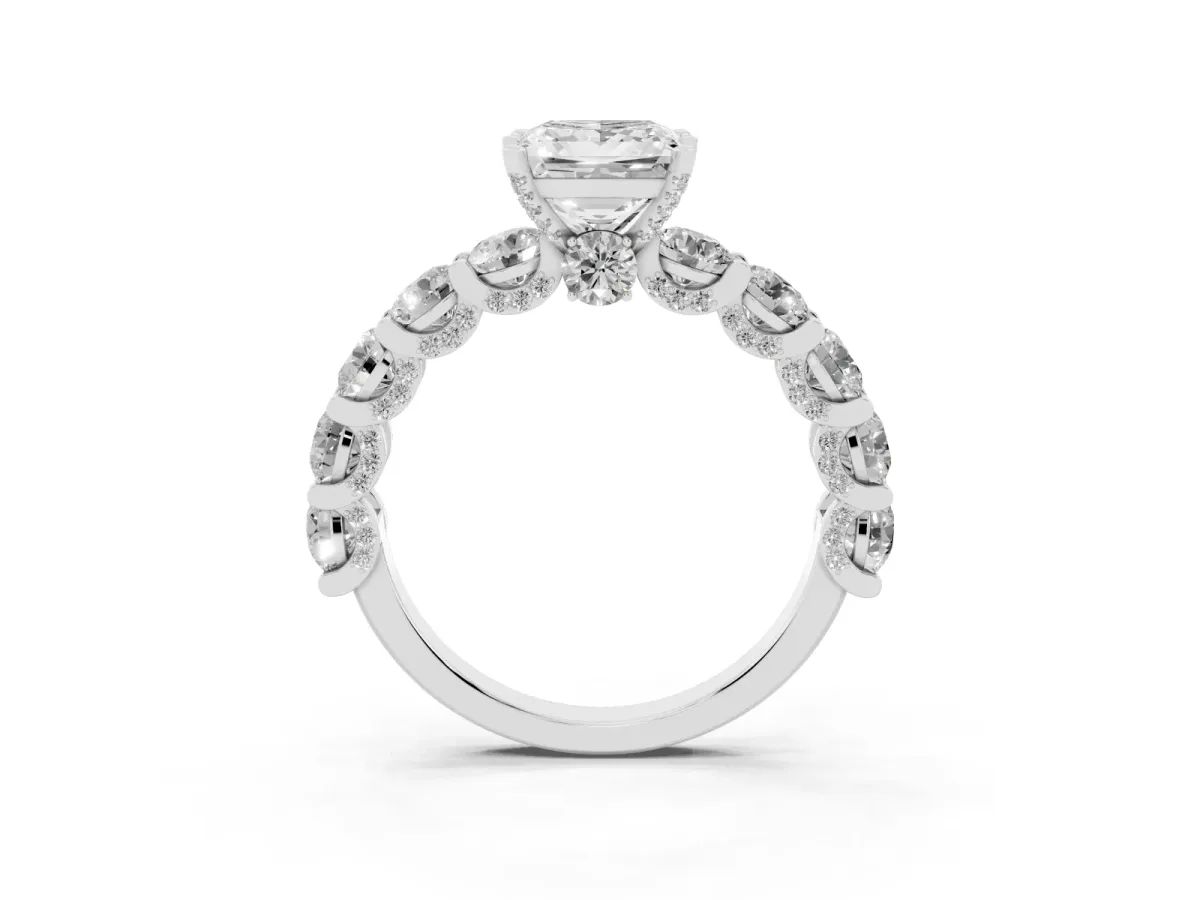 Princess Cut Diamond Side Stone Engagement Ring with Four-Prong Setting Silver