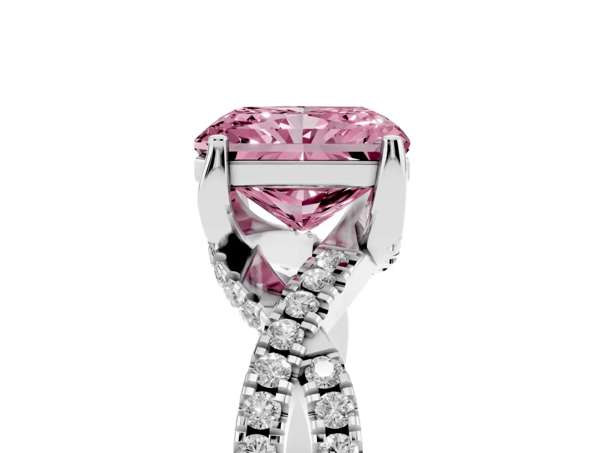 Fancy Pink Radiant Cut Solitaire Twist Pave Diamond Engagement Ring with Prong Setting Silver