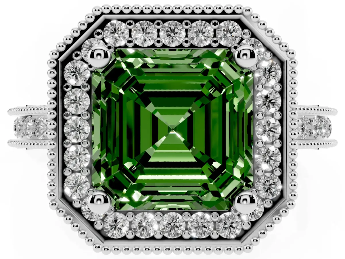 Fancy Green Asscher Cut Diamond Milgrain Halo Engagement Ring with Round Pavé Band and Prong Setting Platinum
