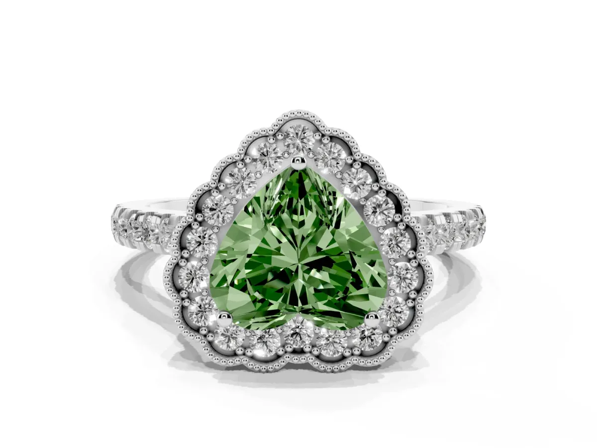 Fancy Green Heart Cut Cut Diamond Milgrain Floral Halo Engagement Ring with Pavé Band White gold