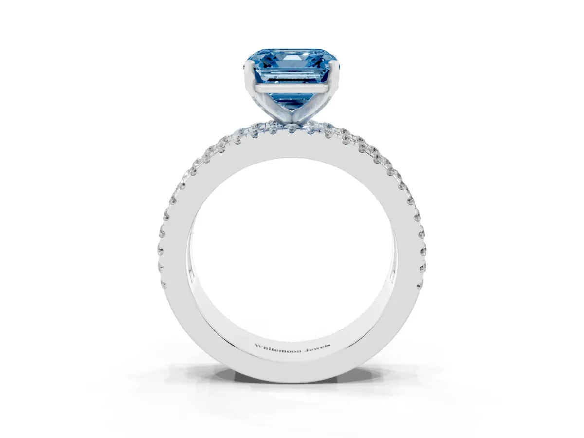Fancy Blue Asscher Cut Diamond Solitaire Ring with Pavé and Channel Set Band Silver