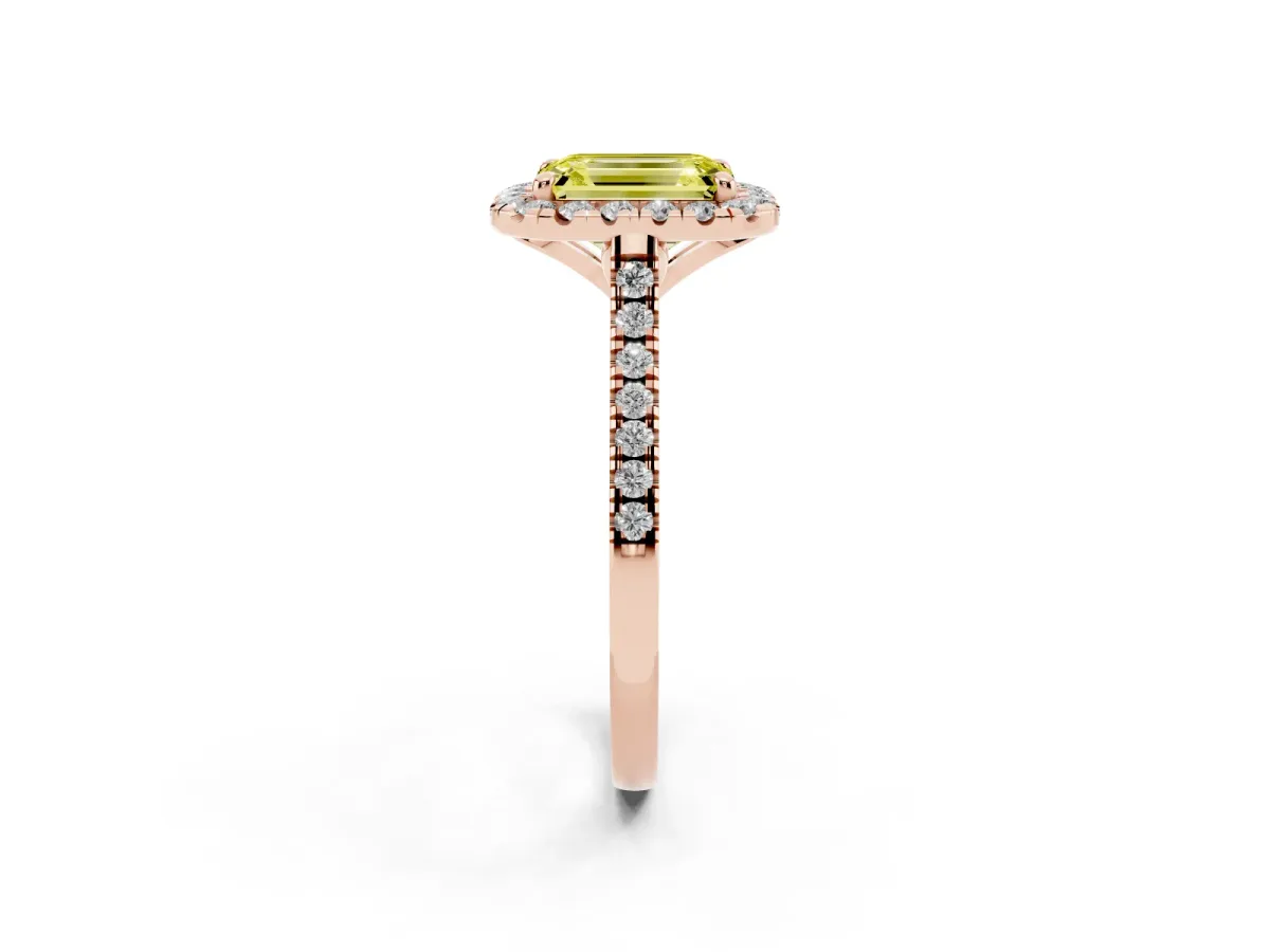 Fancy Yellow Emerald Cut Diamond Cushion Halo Ring with Pavé Band Rose gold