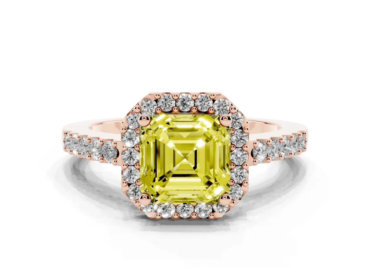 Fancy Yellow Asscher Cut Halo Diamond Pavé Solitaire Ring Rose gold