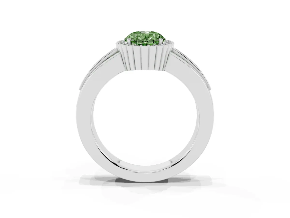 Fancy Green Oval Cut Cut Halo Pave Band Four-Prong Ring Silver