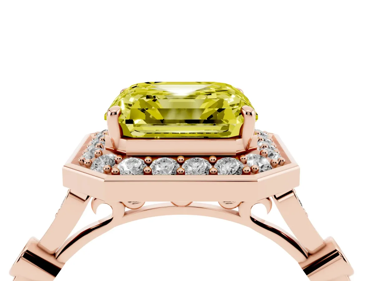 Fancy Yellow Asscher Cut Halo Diamond Engagement Ring with Twisted Band and Four-Prong Setting Rose gold