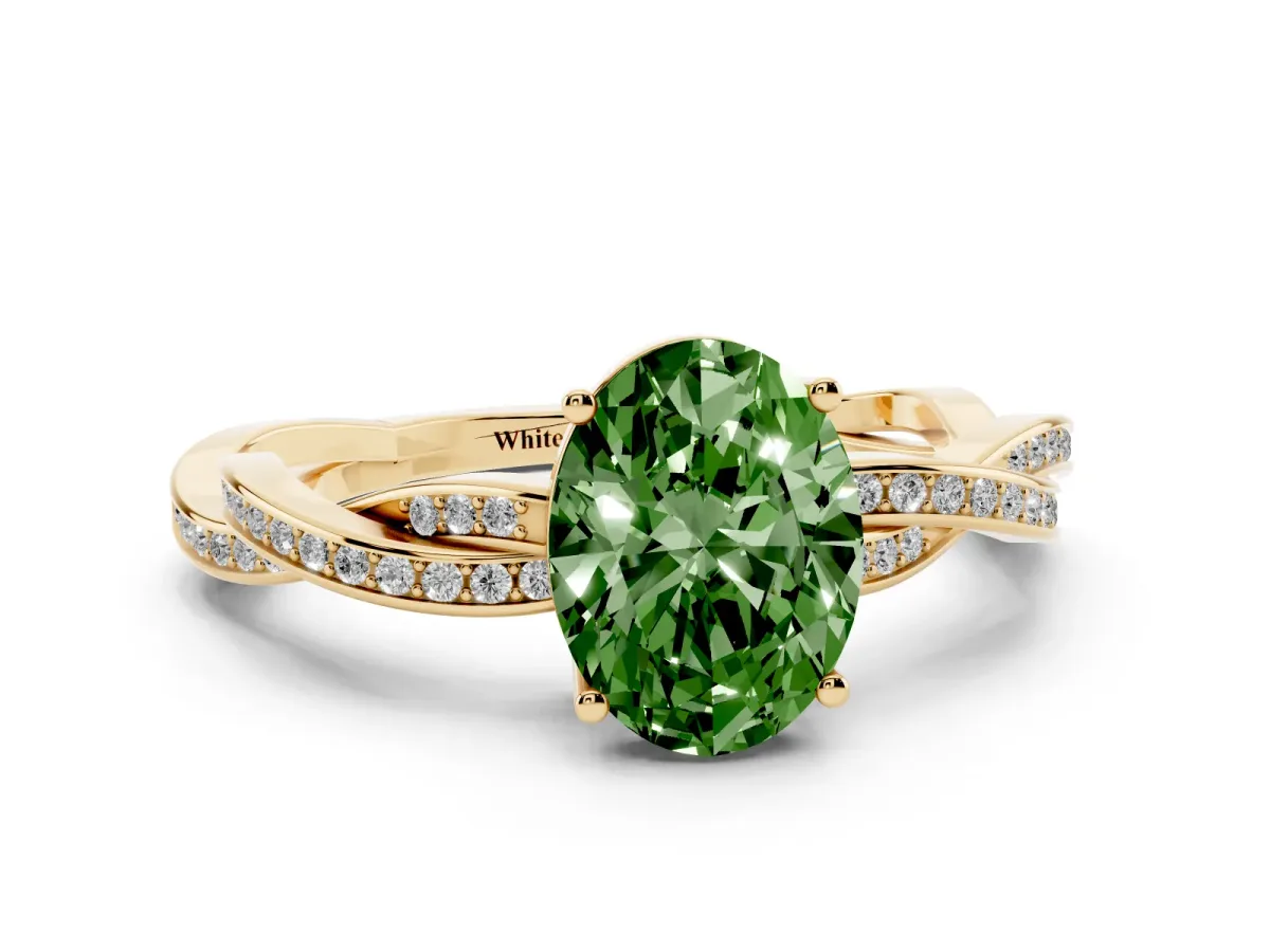 Fancy Green Oval Cut Solitaire Twisted Pave Diamond Ring with Four-Prong Setting Yellow gold
