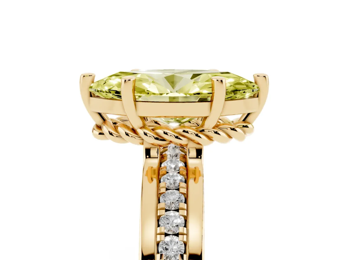 Fancy Yellow Marquise Cut Solitaire Diamond Ring with Channel Set Band and Six-Prong Setting Yellow gold