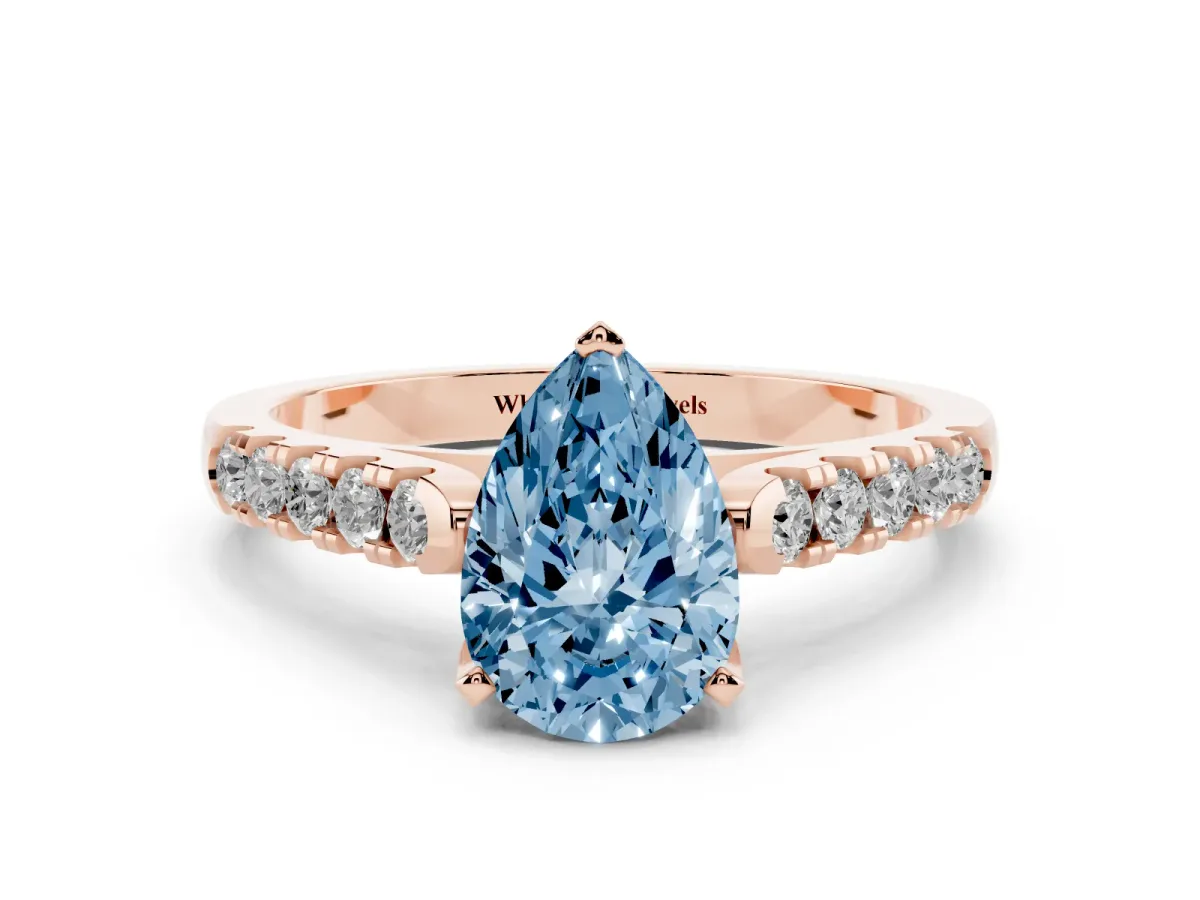 Fancy Blue Pear Cut Diamond Pavé Band Solitaire Ring with Prong Setting Rose gold