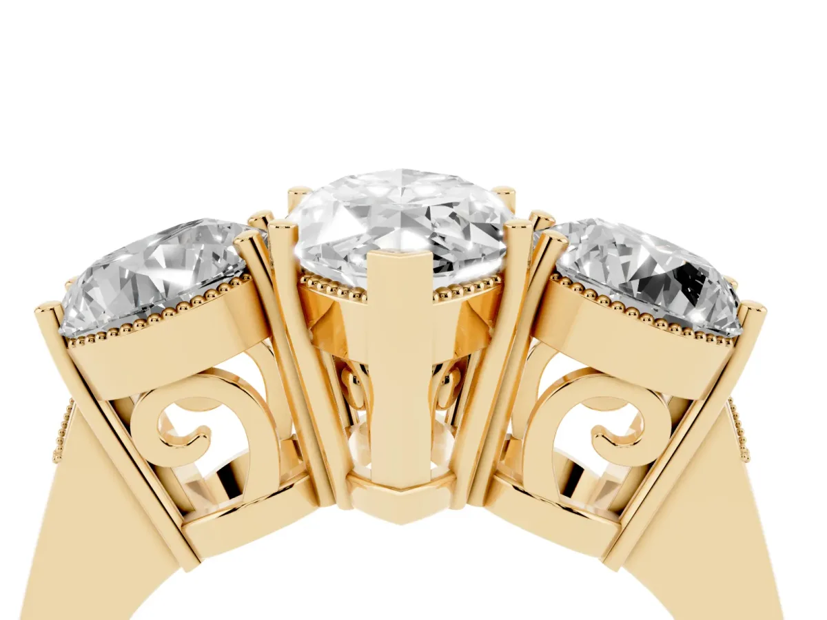 Three-Stone Marquise Cut Diamond Engagement Ring with Prong Setting on a Classic Band Yellow gold