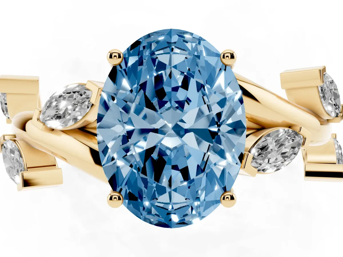 Fancy Blue Oval Cut Solitaire Twisted Band Marquise Accent Prong Setting Ring Yellow gold