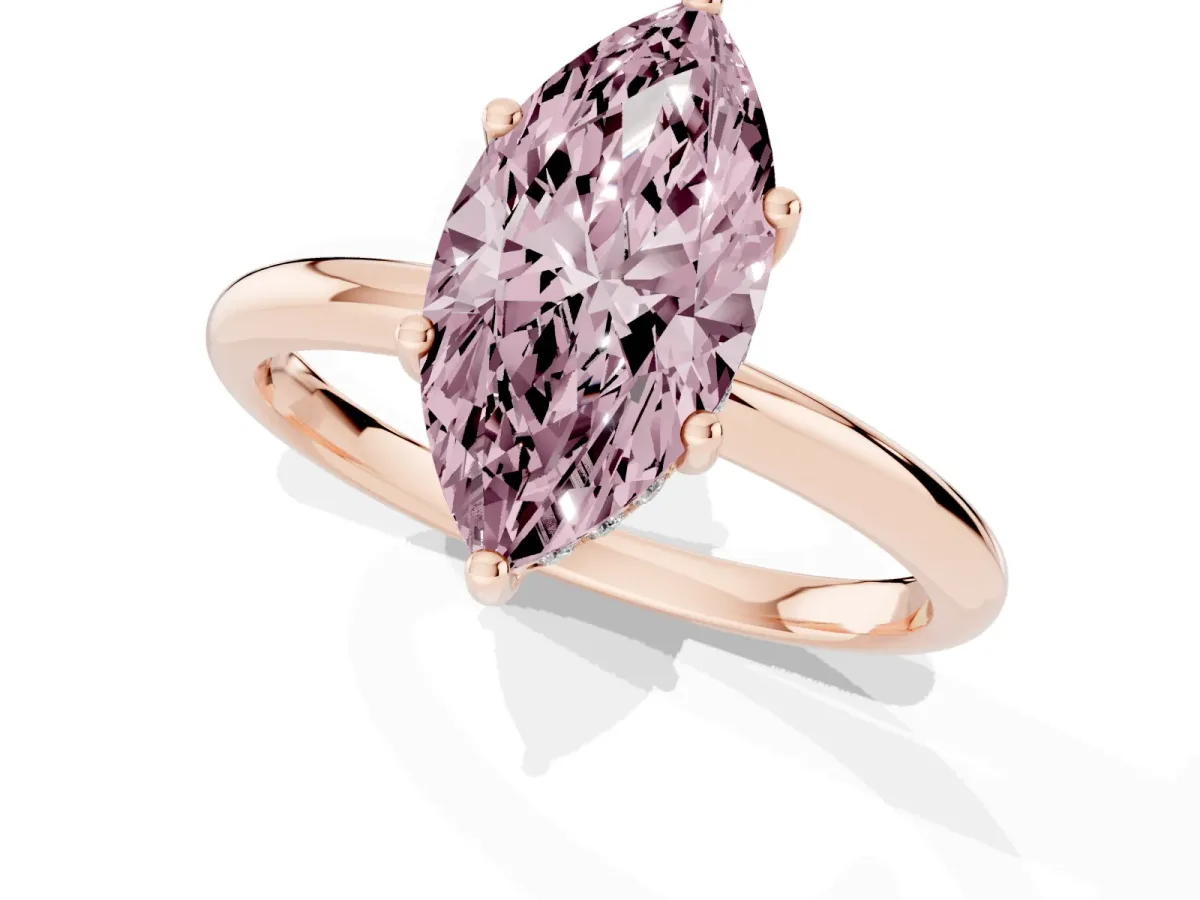 Fancy Pink Marquise Cut Cut Solitaire Engagement Ring with Four-Prong Setting and Classic Band Rose gold