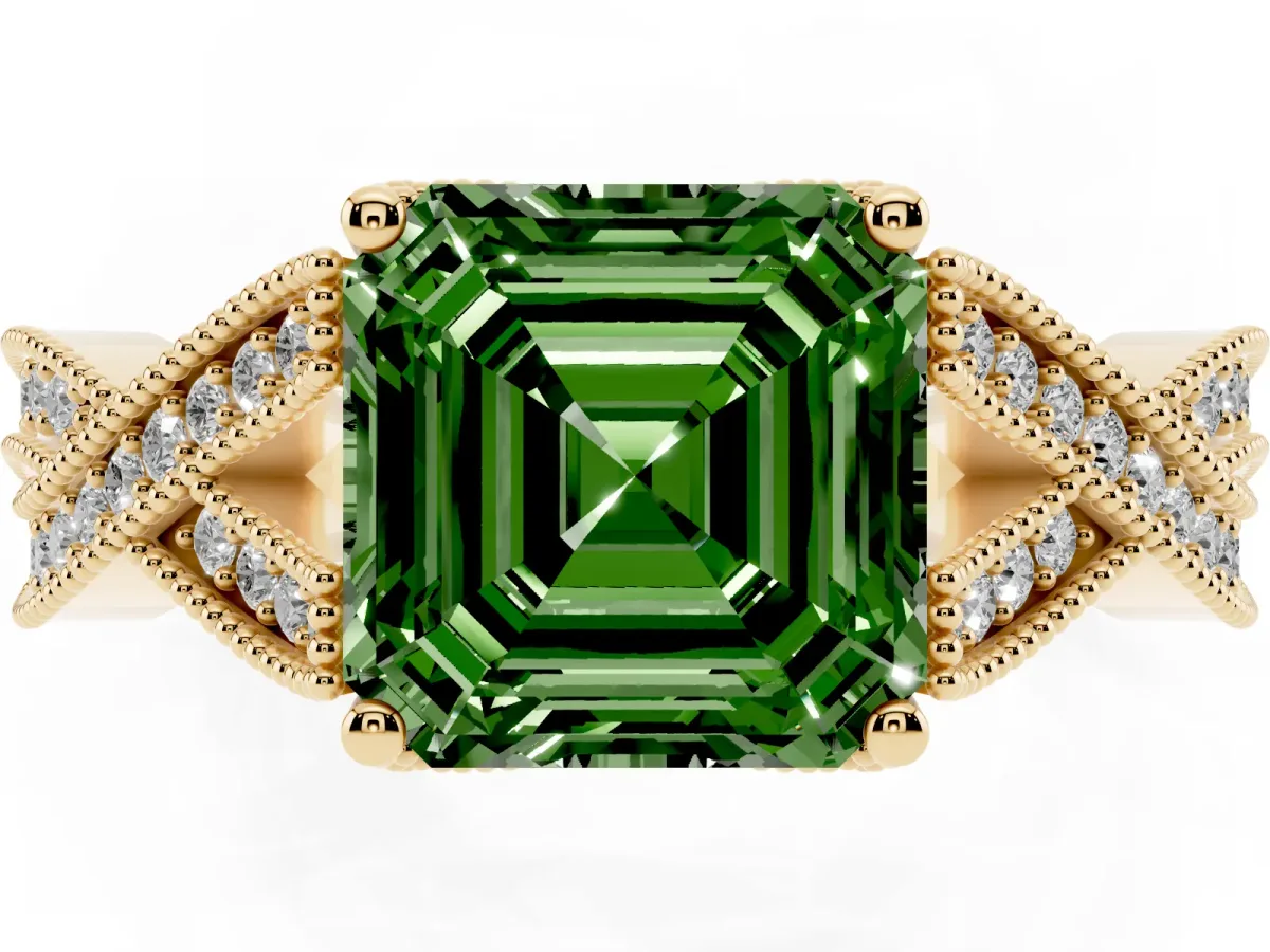 Fancy Green Asscher Cut Cut Diamond Twisted Band with Milgrain Pave Setting and Four-Prong Setting Yellow gold