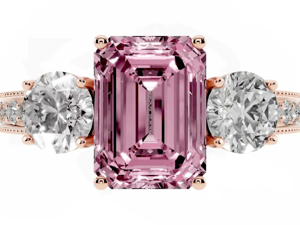 Fancy Pink Emerald Cut Three-Stone Diamond Ring with Pavé Band and Four-Prong Setting Rose gold