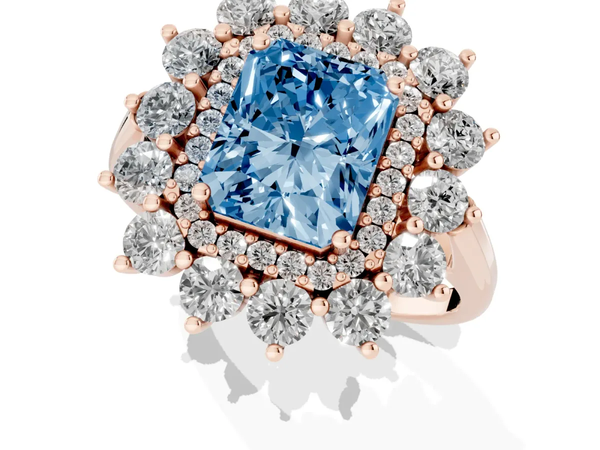 Fancy Blue Radiant Cut Diamond Floral Double Halo Engagement Ring with Prong Setting Rose gold
