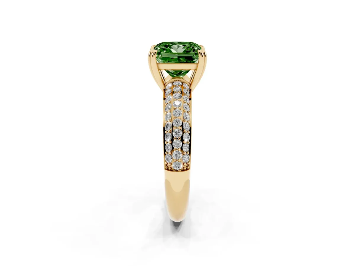 Fancy Green Princess Cut Diamond Solitaire Ring with Multi-Row Round Pavé Band and Prong Setting Yellow gold