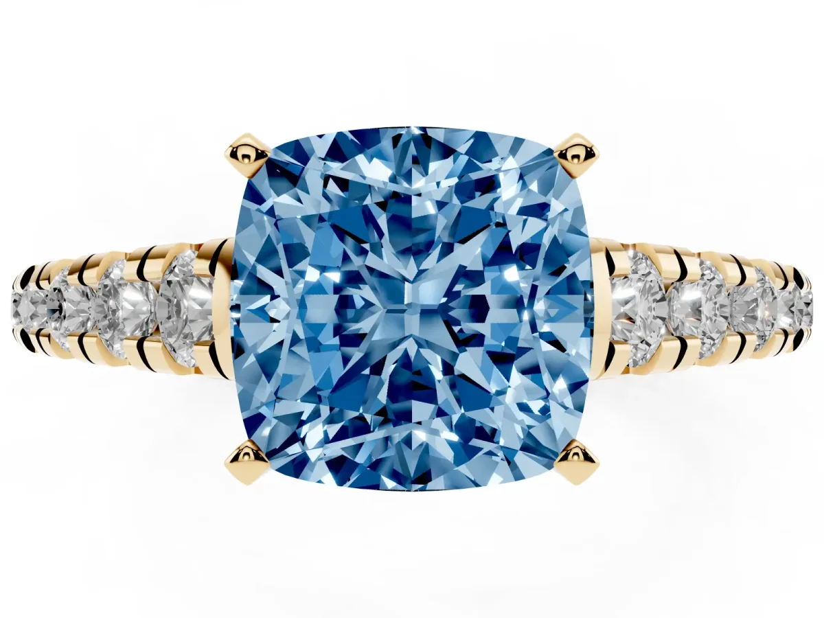 Fancy Blue Cushion Cut Diamond Cathedral Solitaire Ring with Round Pavé Band Yellow gold