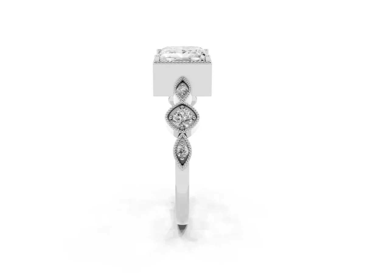 Princess Cut Diamond Vintage Milgrain Ring with Round Stations Silver