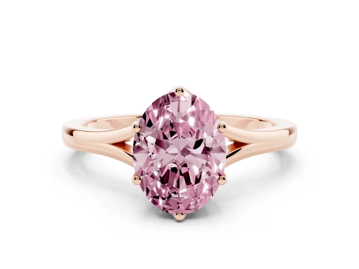 Fancy Pink Oval Cut Solitaire Diamond Ring with Six-Prong Setting and Tapered Band Rose gold