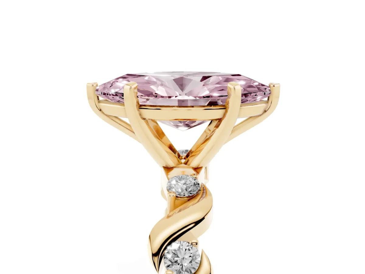 Fancy Pink Marquise Cut Diamond Solitaire Twisted Band with Round Accents and Prong Setting Yellow gold