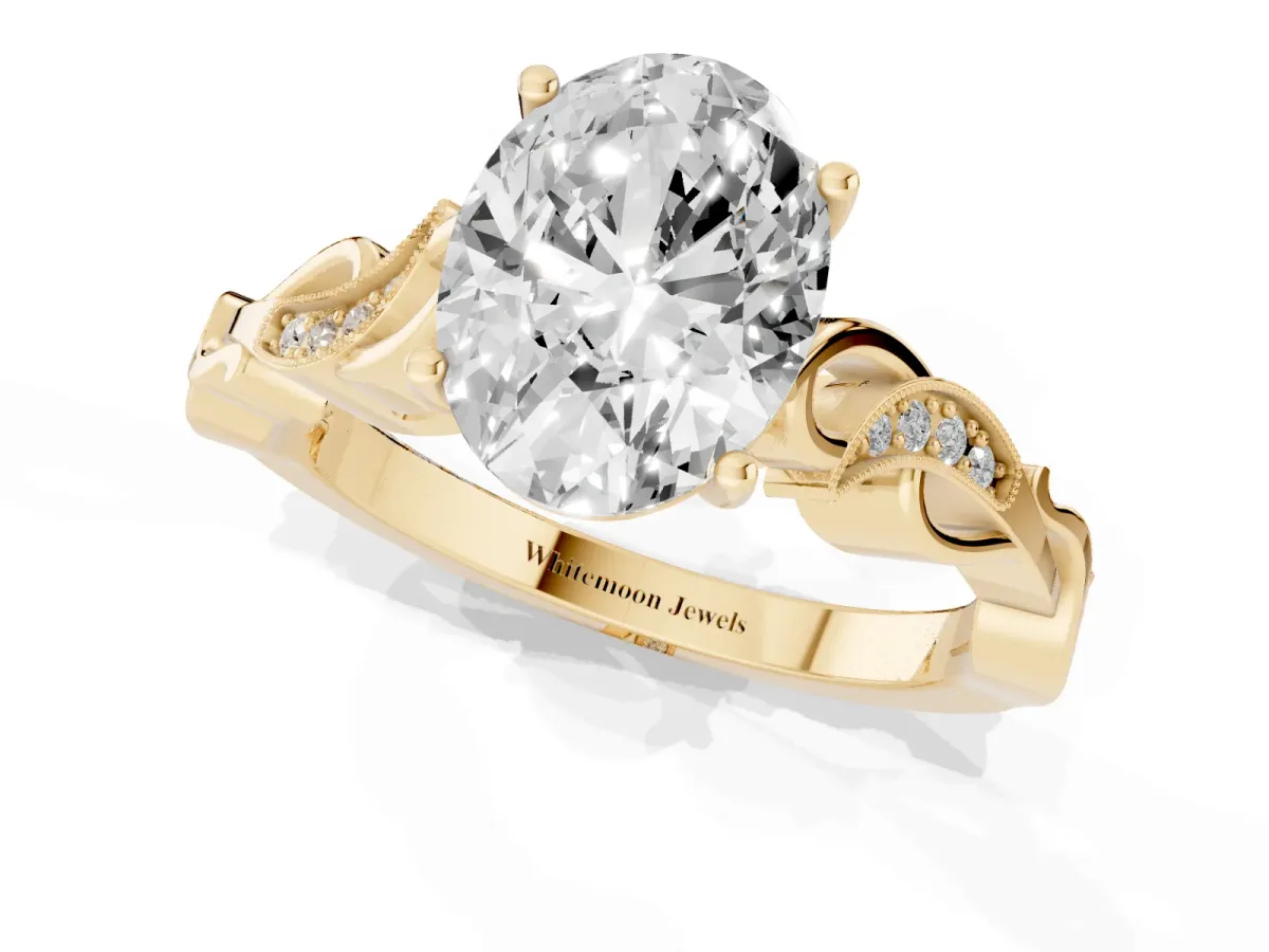Oval Cut Solitaire Vine Band with Milgrain Prong Setting Yellow gold