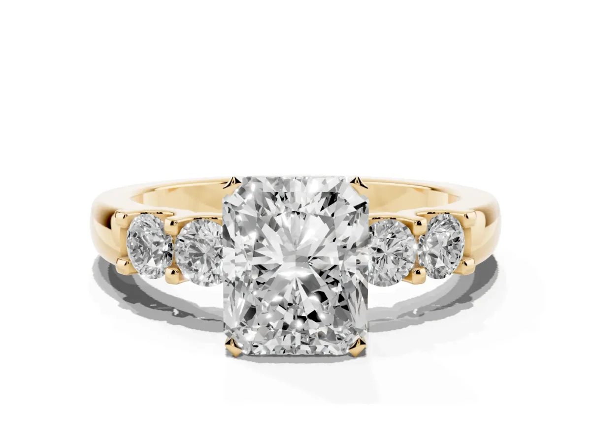 Radiant Cut Brilliant Cut Diamond Five-Stone Prong Set Engagement Ring with Channel Band Yellow gold