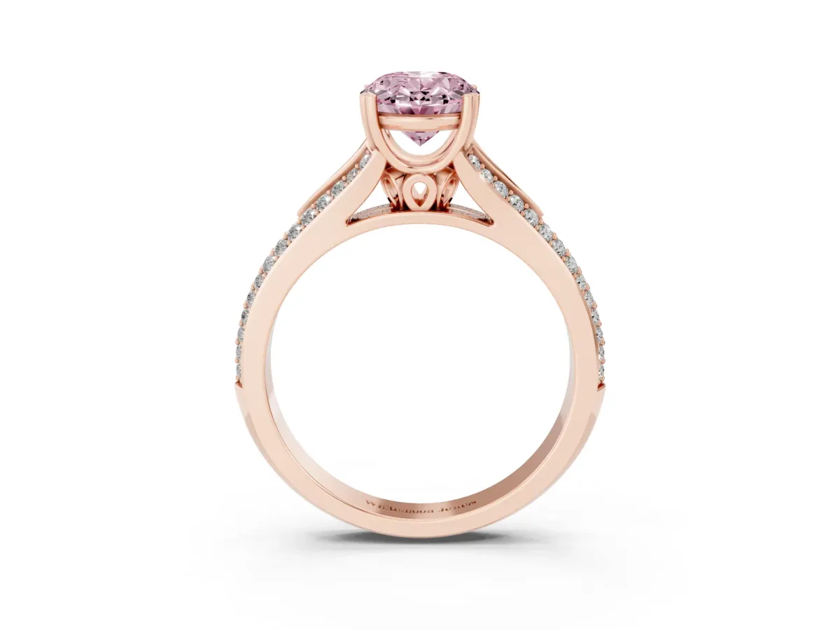 Fancy Pink Oval Cut Diamond Split Shank Engagement Ring with Pavé Band Rose gold