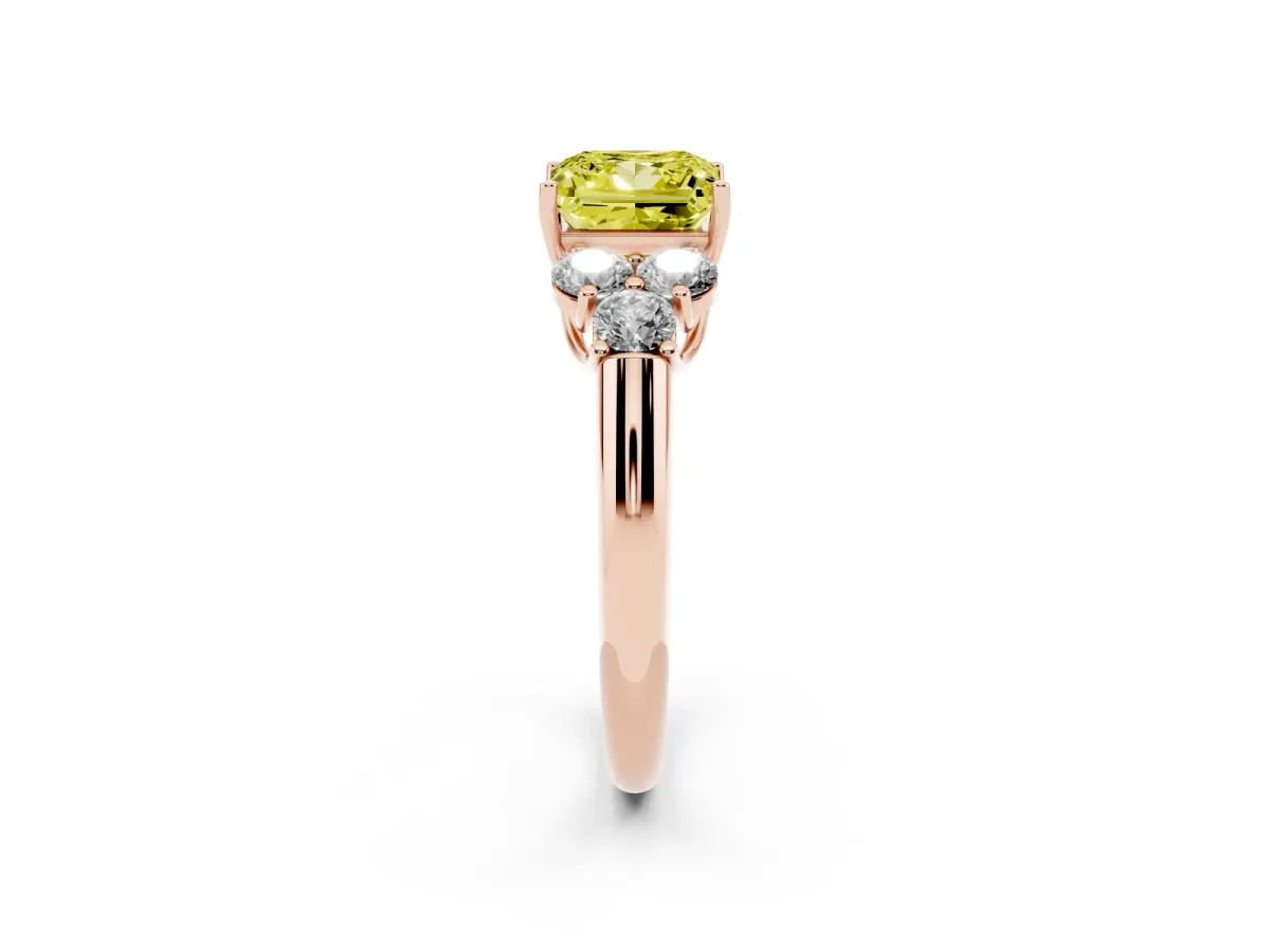 Fancy Yellow Princess Cut Cut Diamond Cluster Ring with Round Accent Stones and Prong Setting on a Classic Band Rose gold