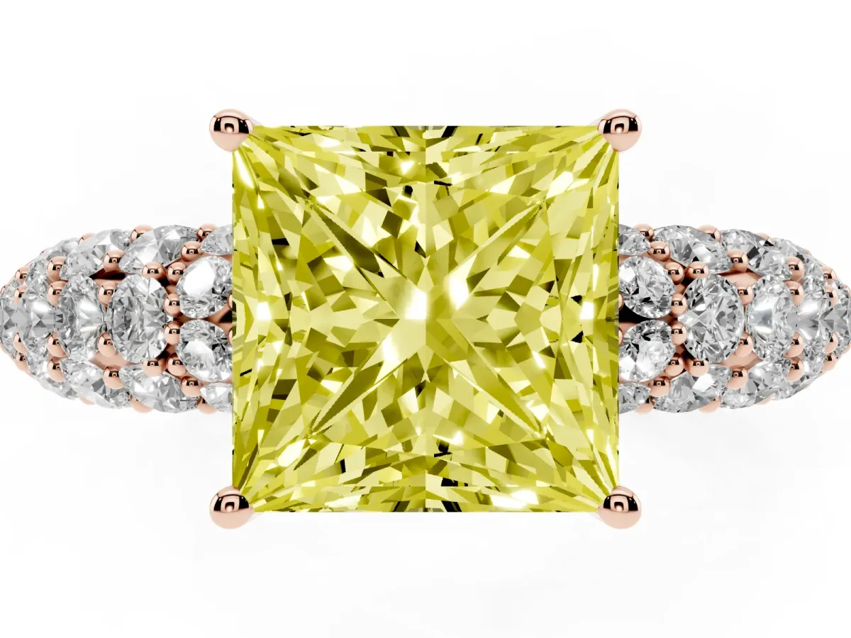 Fancy Yellow Princess Cut Diamond Pavé Band Solitaire Ring with Four-Prong Setting Rose gold