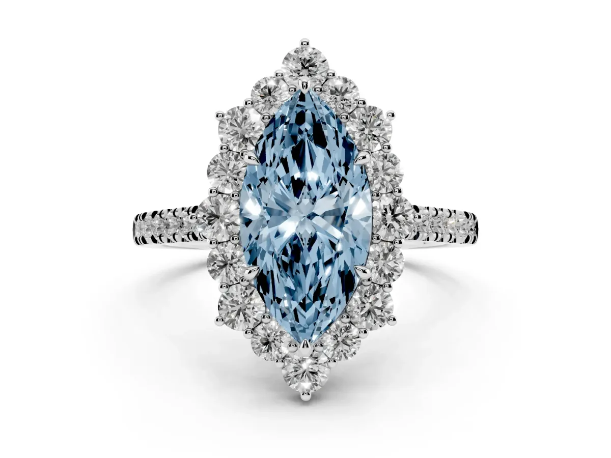 Fancy Blue Marquise Cut Halo Diamond Ring with Pavé Band and Prong Setting Platinum