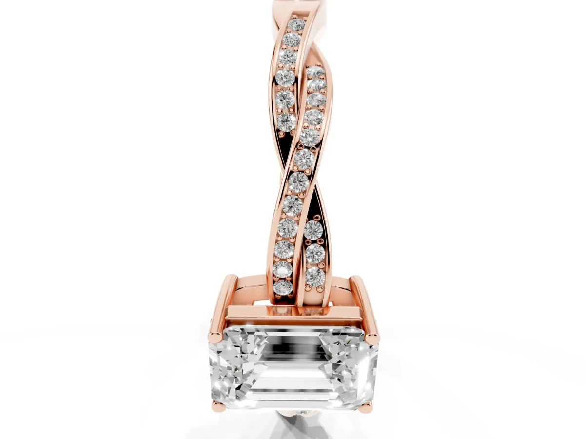 Emerald Cut Solitaire Twisted Pave Diamond Ring with Four-Prong Setting Rose gold