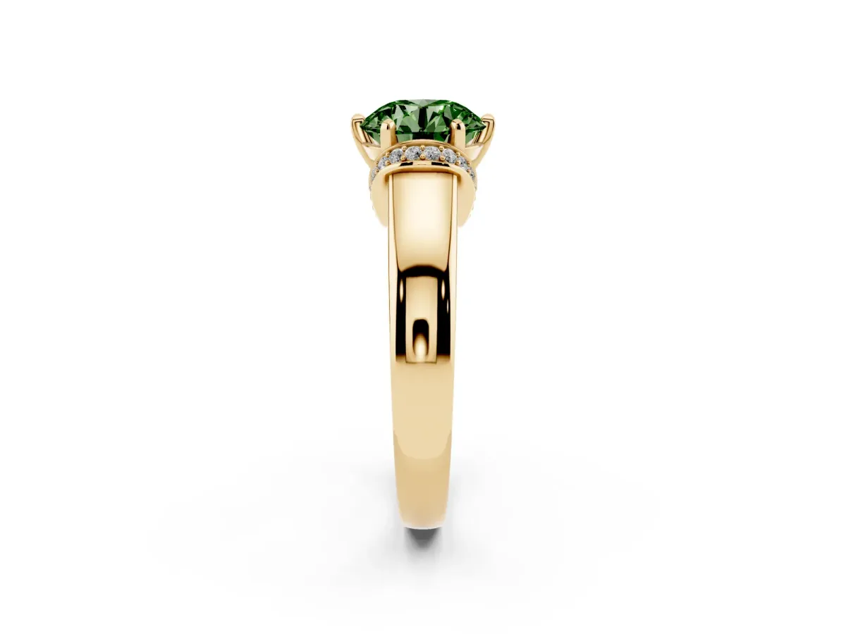 Fancy Green Round Cut Solitaire Diamond Ring with Pave Band and Six-Prong Setting Yellow gold