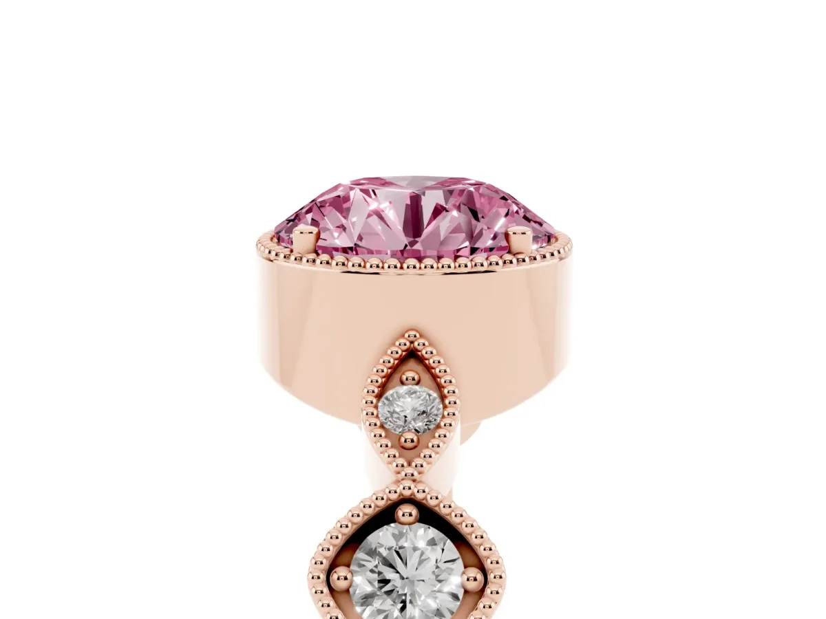 Fancy Pink Round Cut Diamond Vintage Milgrain Ring with Round Stations Rose gold