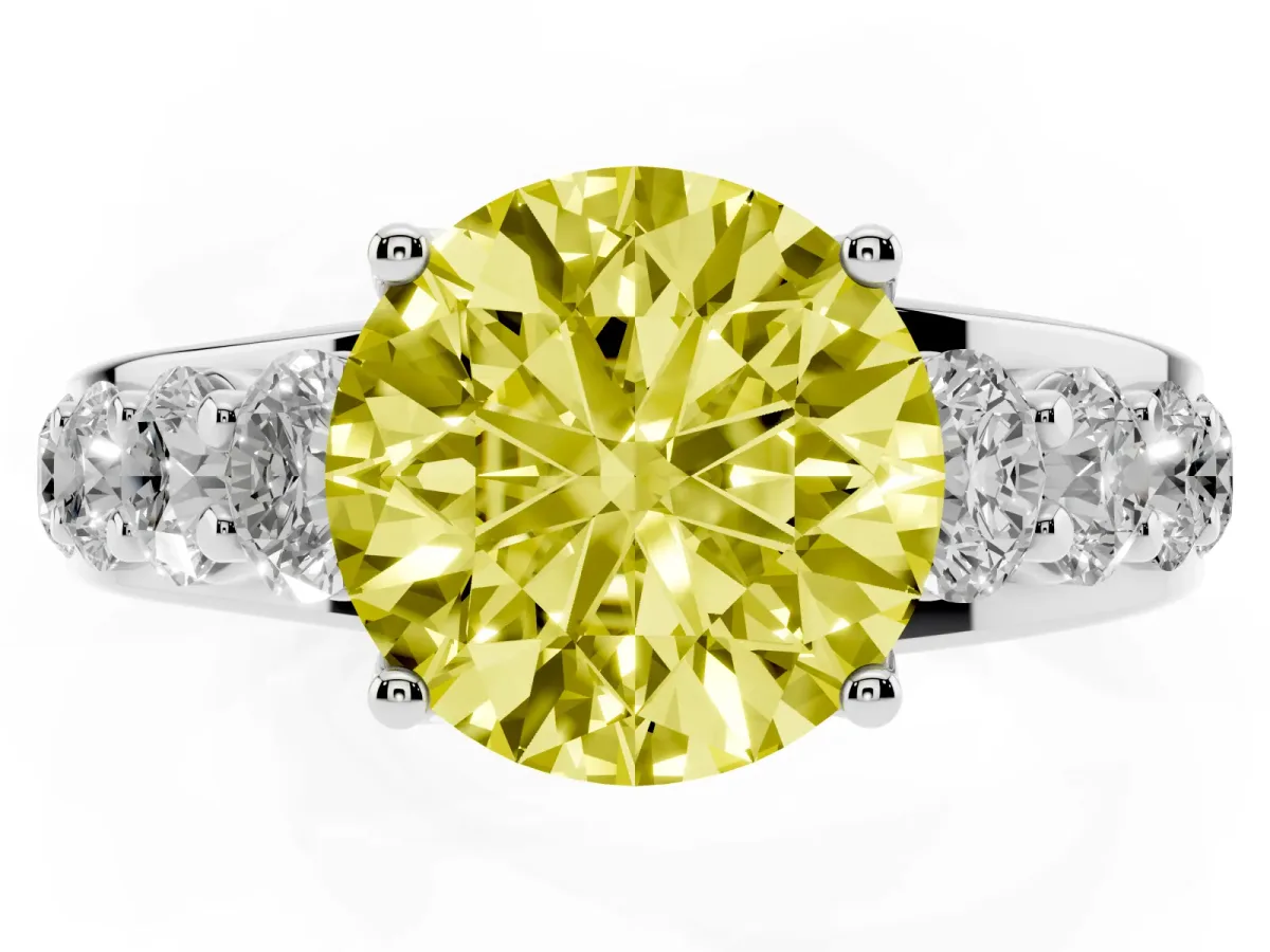 Fancy Yellow Round Cut Diamond Engagement Ring with Pavé Band and Four-Prong Setting Platinum