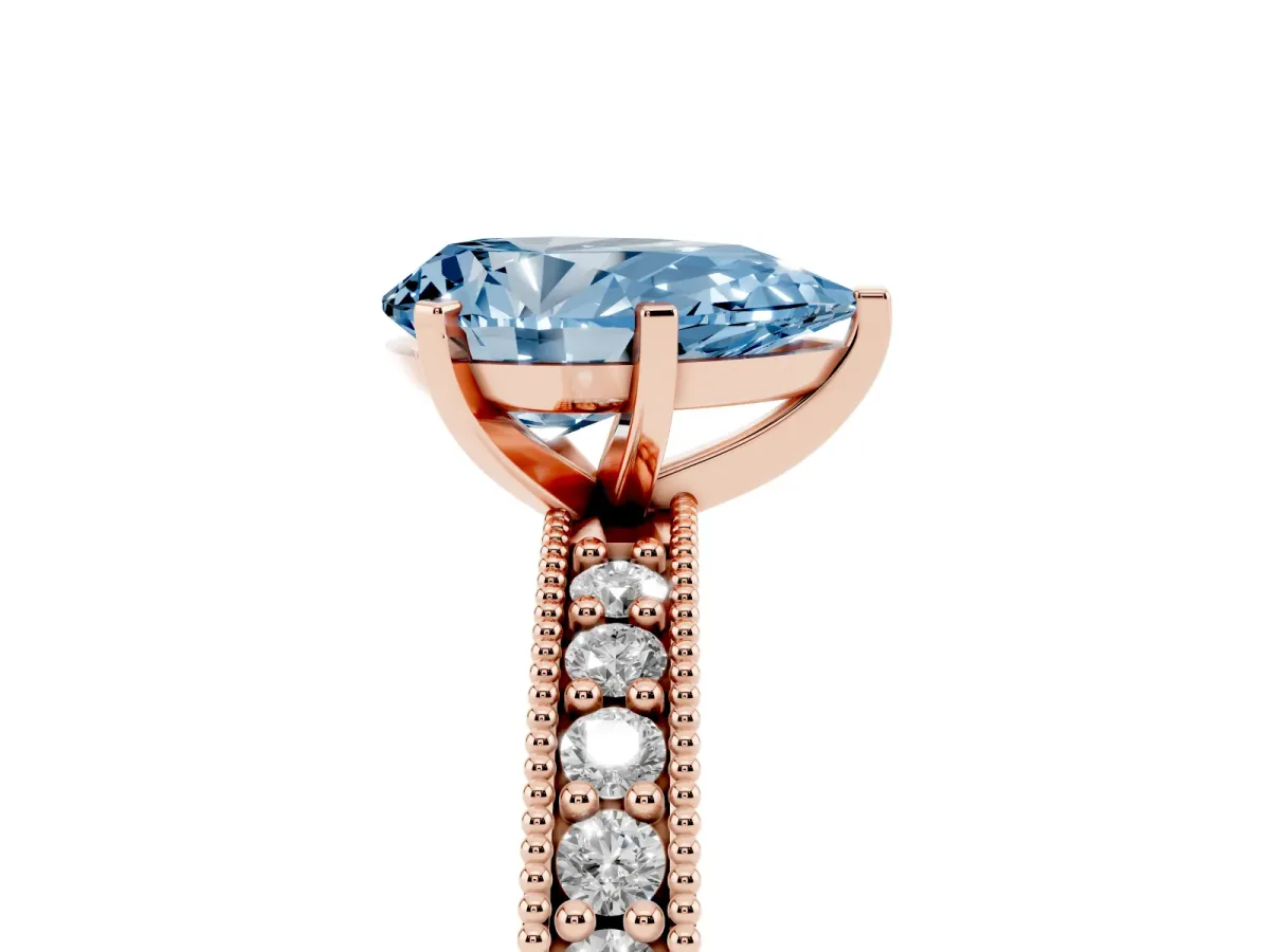 Fancy Blue Pear Cut Diamond Milgrain Pavé Engagement Ring with Four-Prong Setting Rose gold
