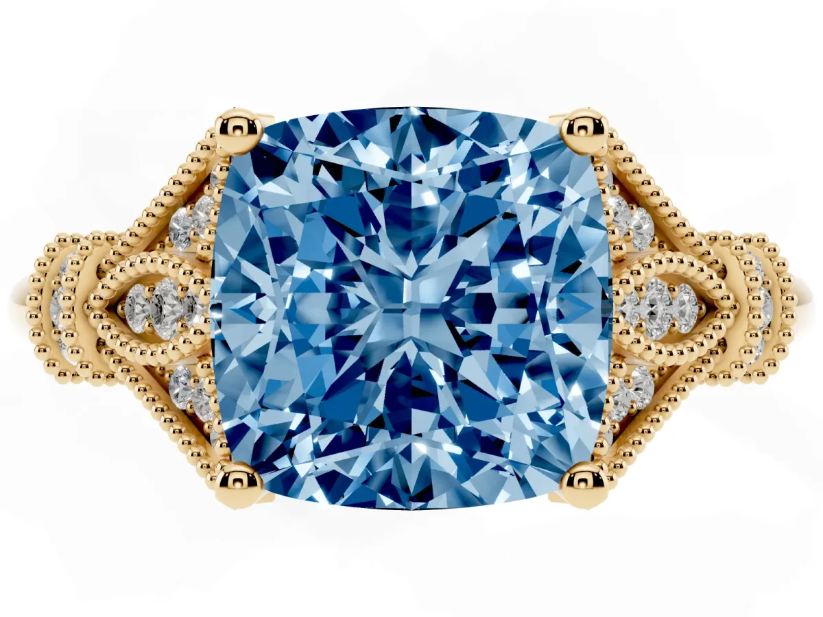 Fancy Blue Cushion Cut Diamond Solitaire Ring with Floral Filigree and Pave Accents Yellow gold