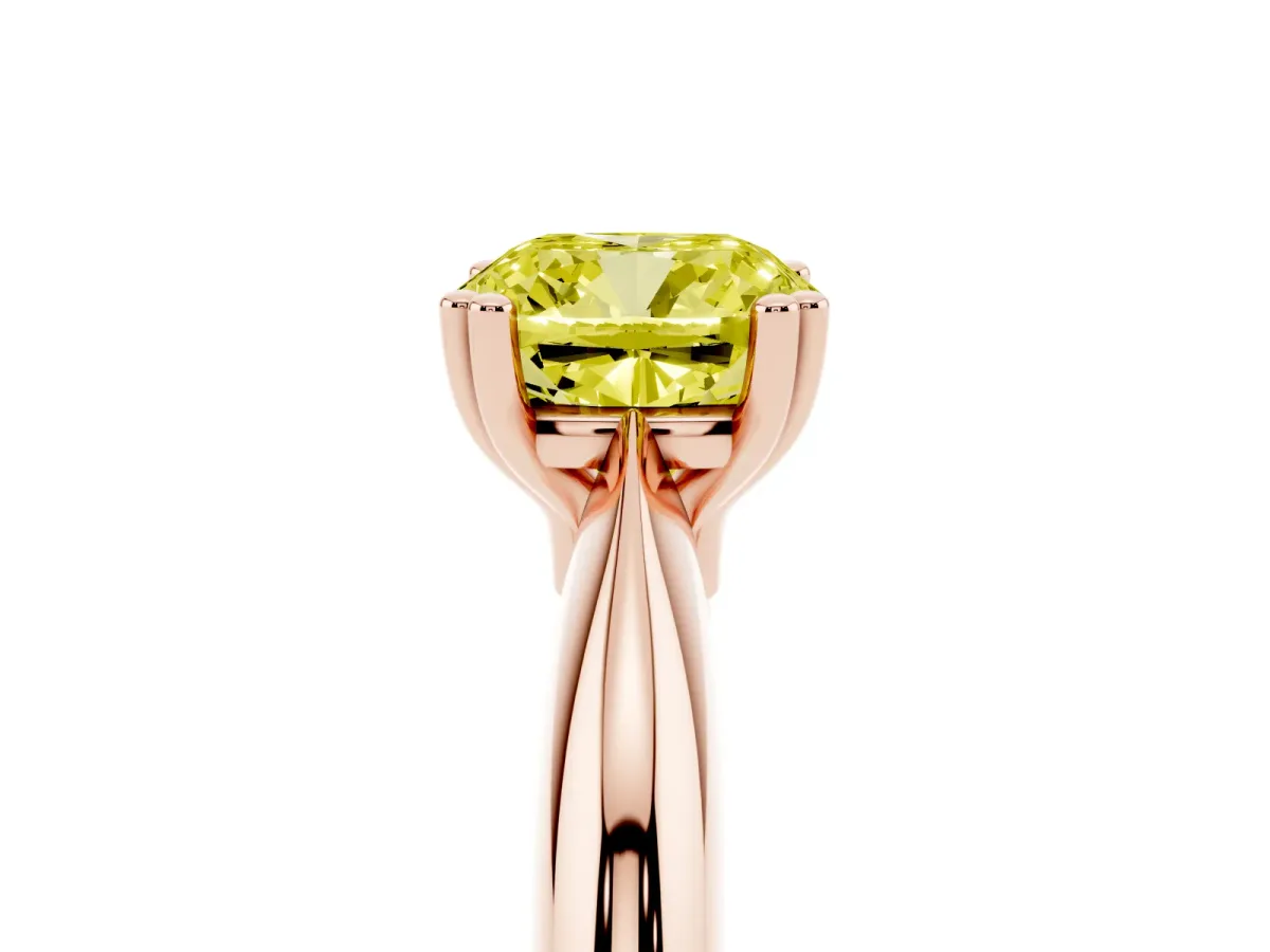 Fancy Yellow Cushion Cut Cut Solitaire Engagement Ring with Tapered Band and Four-Prong Setting Rose gold