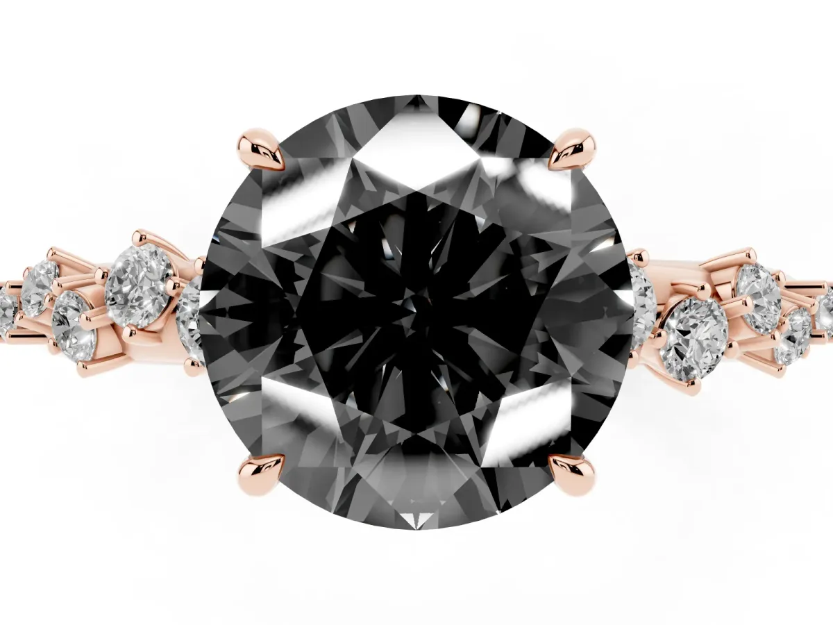 Fancy Black Round Cut Diamond Cluster Side Stone Solitaire Ring with Prong Setting Rose gold